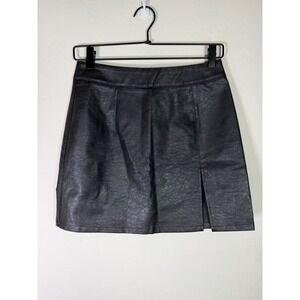 LIONESS Black Faux Leather Mini Skirt Side Slit Zipper Back Size S